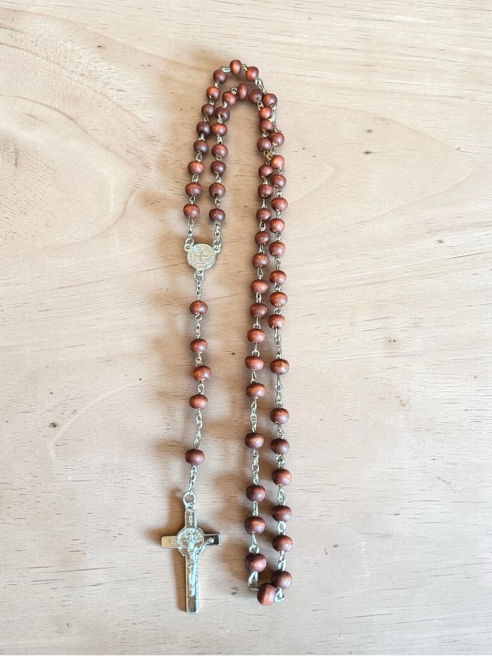 Classic Brown Wood Bead Rosary‎ Necklace